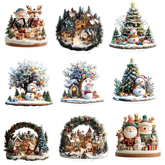 Xmas Town Scene Ornaments Christmas Village Houses Table Decoration, Snow Patterns 2D Acrylic Snowman Ornament, Decorative Centerpieces for