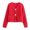 Women's Solid Color Single Breasted Double Pocket Cropped Chunky Knit Cardigan Jacket Sweater