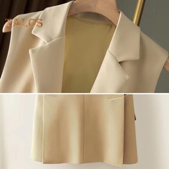 Женский костюм, жилет, застежка на одну пуговицу, кардиган без рукавов с v-образным вырезом и лацканами, средней длины, однотонное деловое деловое пальто для поездок на работу