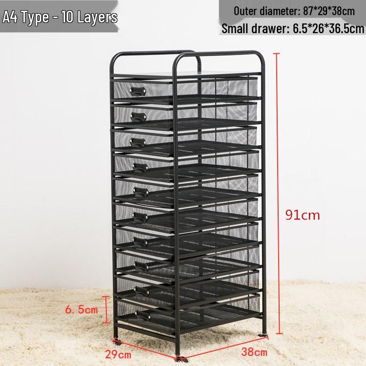 Wrought Iron A4 File Rack with Drawers - Under-Desk Document Storage Cabinet & A3 Classification Organizer