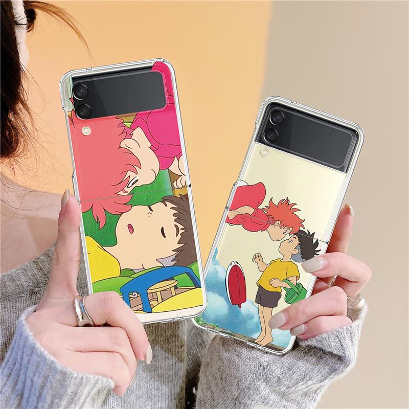 Жесткий прозрачный чехол для Samsung Galaxy Z Flip3 5G, задняя крышка, Z Flip 3, прозрачная оболочка, японский милый мультяшный аниме-бампер с изображением рыбки Поньо