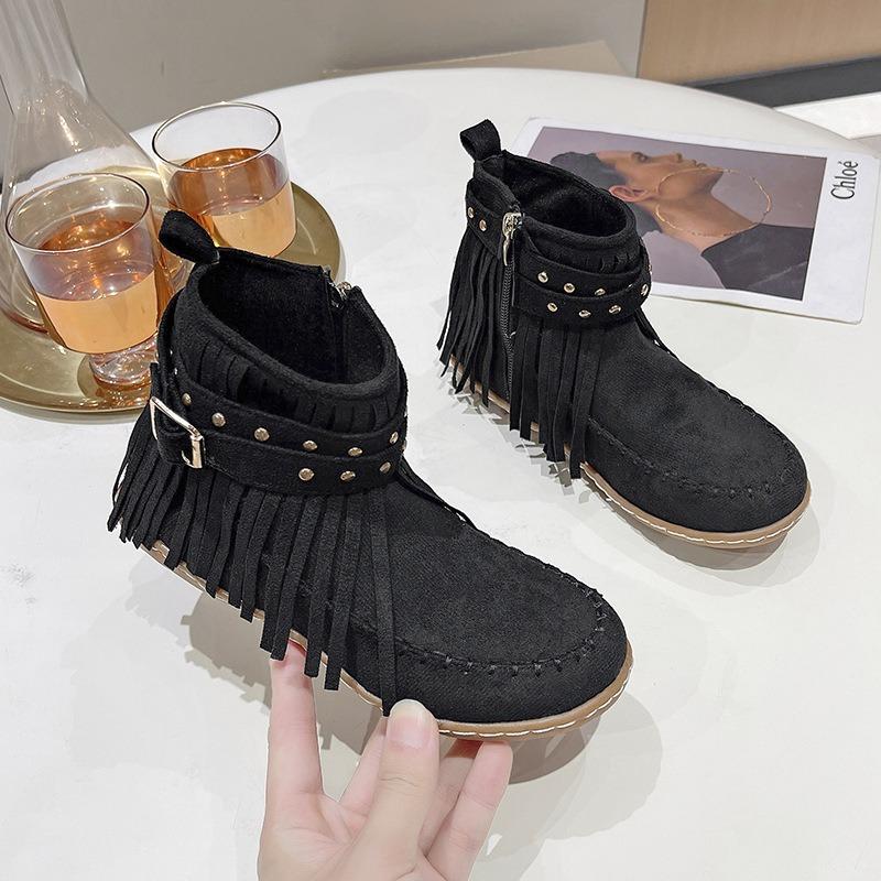 Women Autumn Flat Heel Ankle Boots Retro Suede Tassel Woman Boots Fashion Round Toe Soft Sole Femmes Casual Shoes Plus Size 43