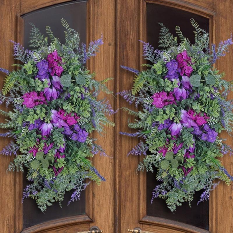 Tulips Wreath for Front Door Spring Artificial Flower Wreath with Hyacinths Hydrangeas Lavenders Wall Hangings Decorations