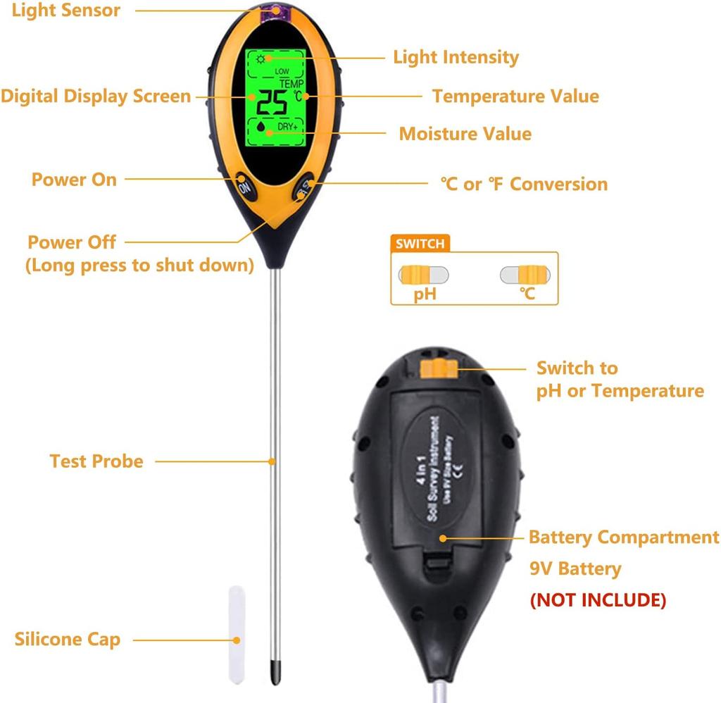 4-в-1 тестер почвы измеритель влажности/освещения/pH/температуры растений ЖК-дисплей датчик измерения уровня воды монитор садовых растений здоровый уход за ними