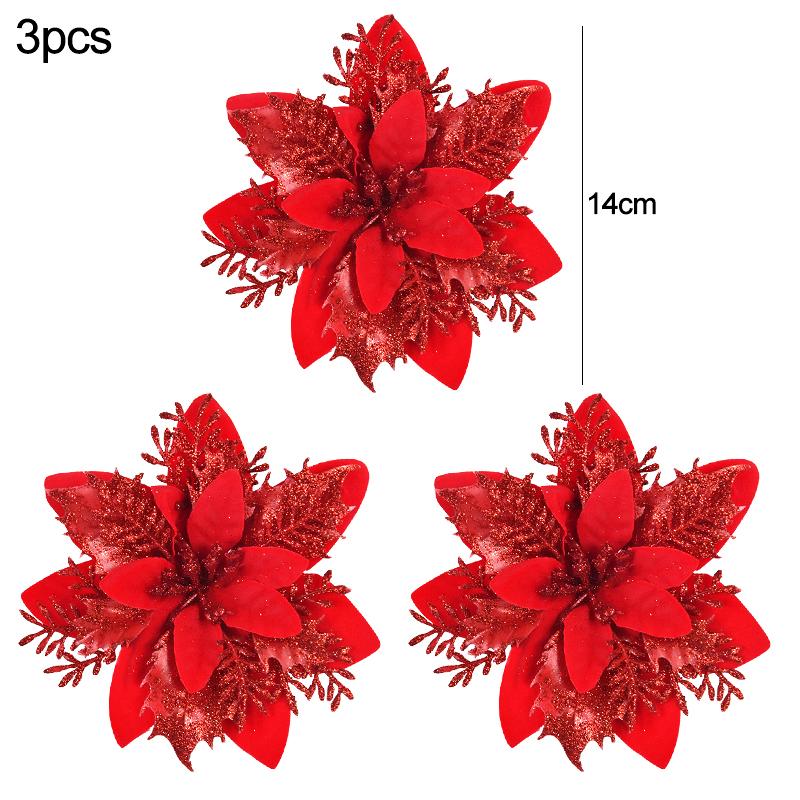 3/10pcs 14cm Christmas Flowers Glitter Red Gold Flower Head Xmas Tree Ornament New Year Decorations for Home Navidad Noel Gifts