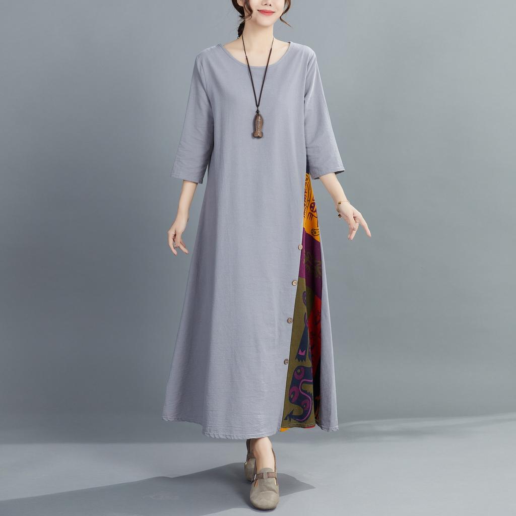 QICED Осенний винтажный цветочный круглый вырез с пуговицами и семиточечным рукавом