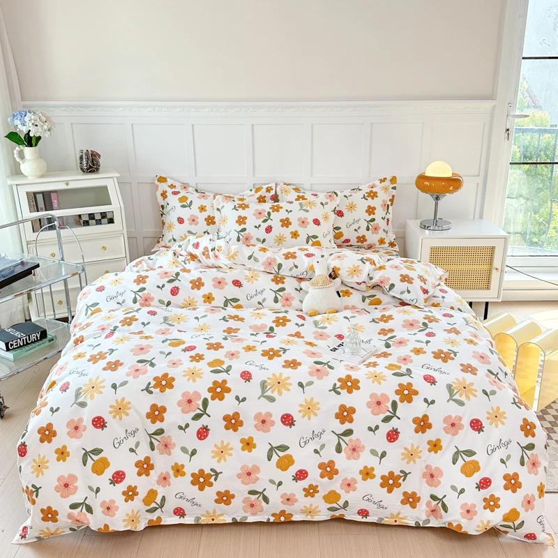Цветочный пододеяльник в садовом стиле, 100% хлопок, бохо-эстетика, зеленый, с рисунком из разноцветных цветов, 3 предмета