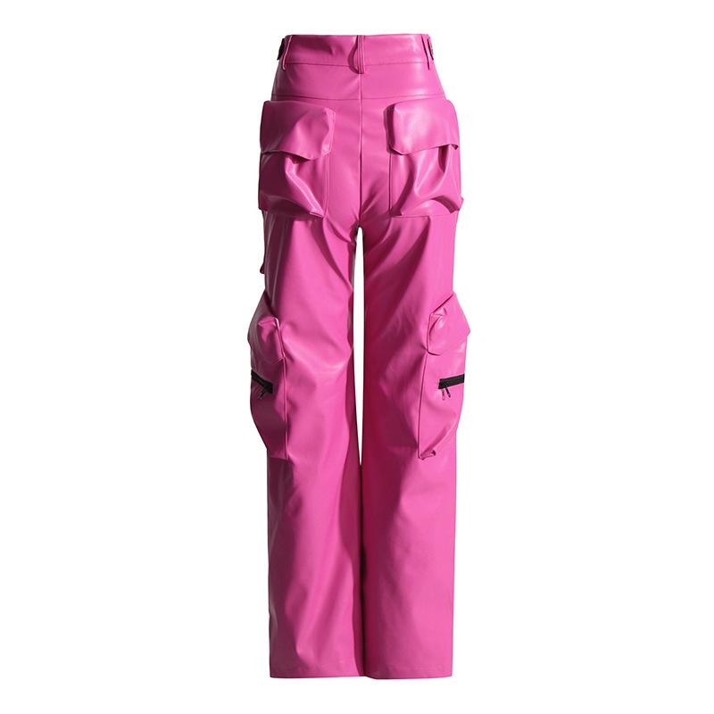 Весенний уличный тренд, многокарманные ПУ-образные брюки Sense с высокой талией, узкие прямые женские свободные комбинезоны