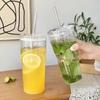 Ins Stripe Glass Cup With Lid and Straw Transparent Drinking Glasses Iced Coffee Mug Juice Tea Cup Water Cups Drinkware