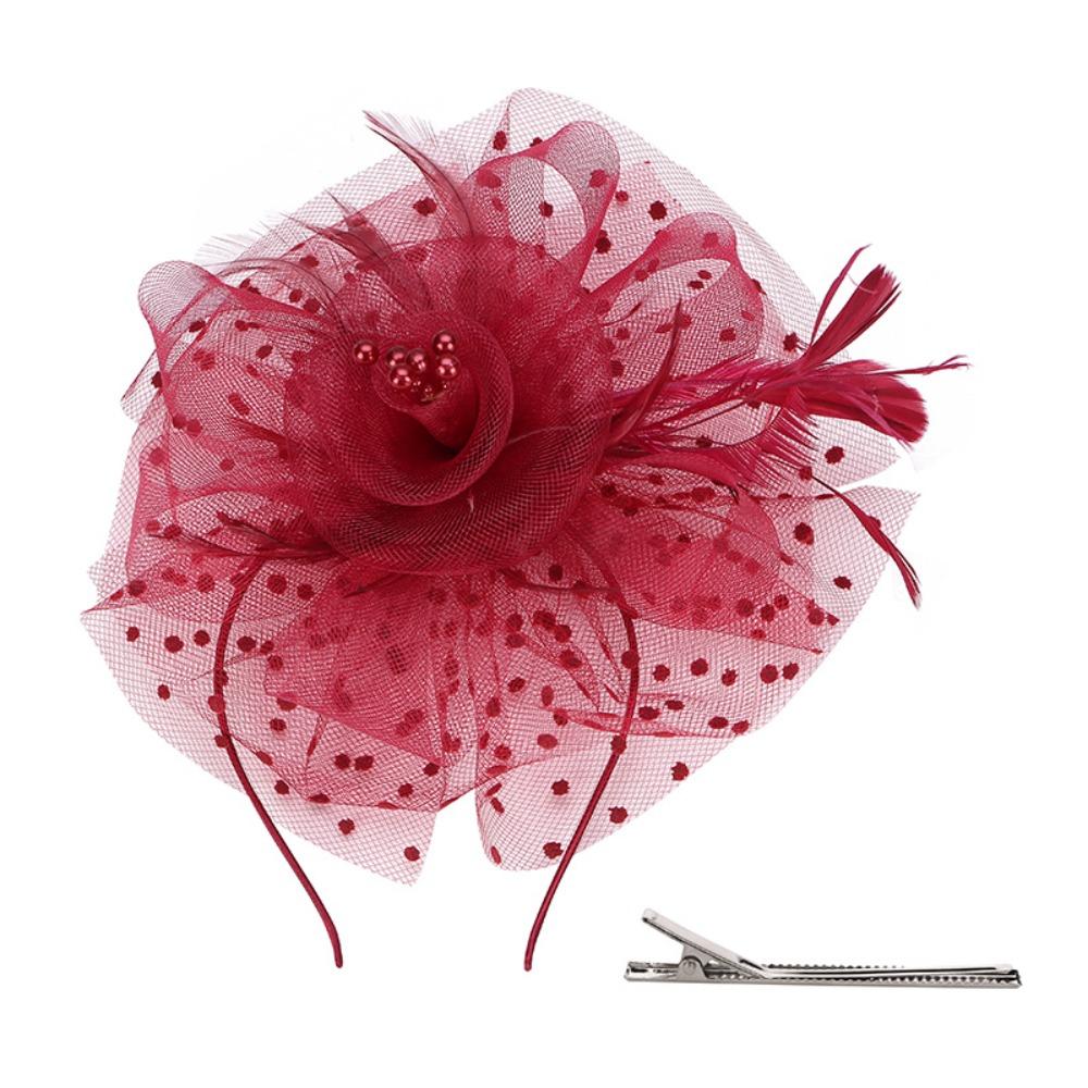 Polka Dot Feathers Fascinator Hat Elegant Bride Headdress Tea Party Mesh Hair Band Dance Show