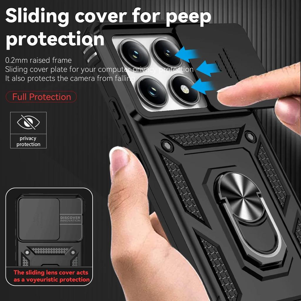 For Xiaomi Redmi Note 14 Pro 4G 5G Case Car Magnetic Ring Stand Slide Camera Lens Armor Shockproof Cover For Note 14 4G 5G Funda