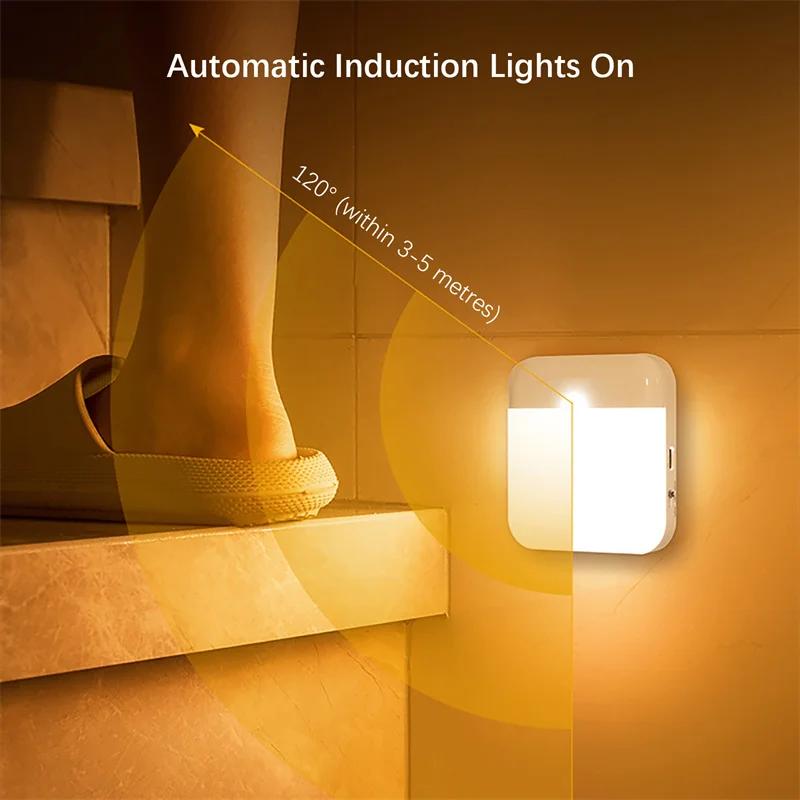 Светодиодный ночник с датчиком движения USB, квадратный заряжаемый светильник для спальни, кухни, лестницы, прихожей, шкафа, освещения шкафа
