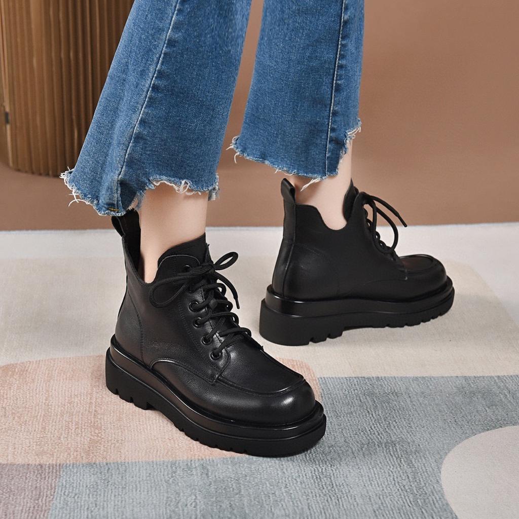 Casual Platform Martin Boots Autumn and Winter New Round Head Lace-up Short Boots First Layer Cowhide Retro Women's Boots Leather Boots