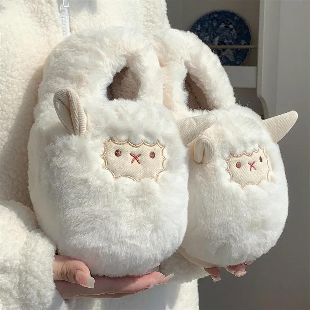 Fashion Cartoon Cute Fluffy Slippers for Women Winter Indoor House Animals Slippers Ladies Kawaii Faux Fur Slides Sheep Cotton Shoes2024
