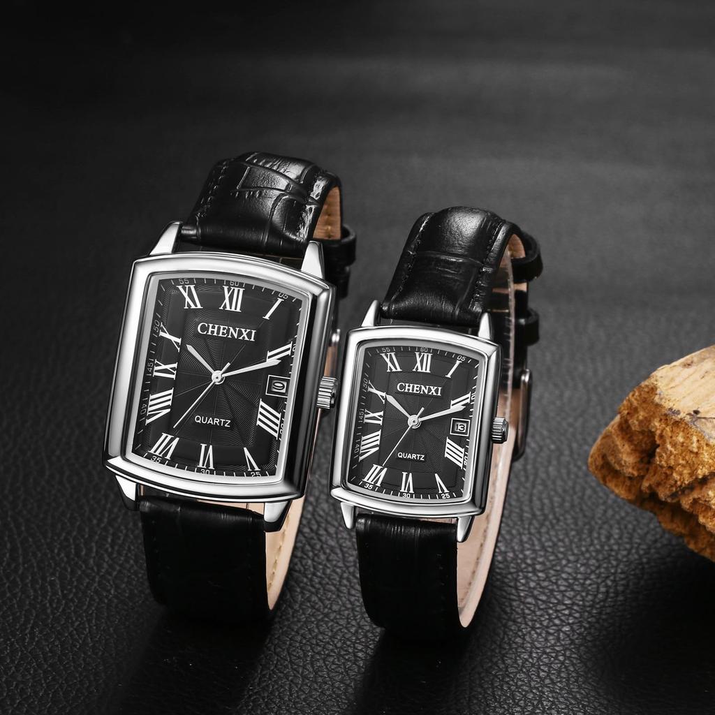 Genuine Leather Pair 3ATM Roman Analog Leather Adjustable Quartz Couple Black Present Women's Watch, Strap, Calendar, Watch Waterproof, Numeral,