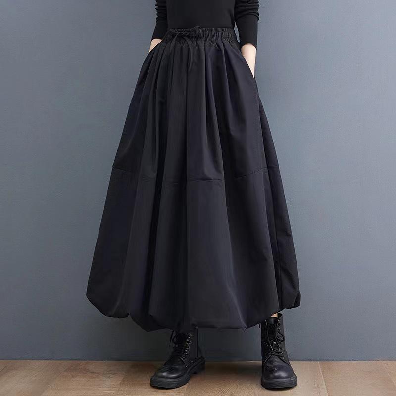 Plus Size Women Midi Skirt Loose A-line High Waist Elastic Solid Color Puffy Dresses Autumn Winter Fashionable Simple Clothing