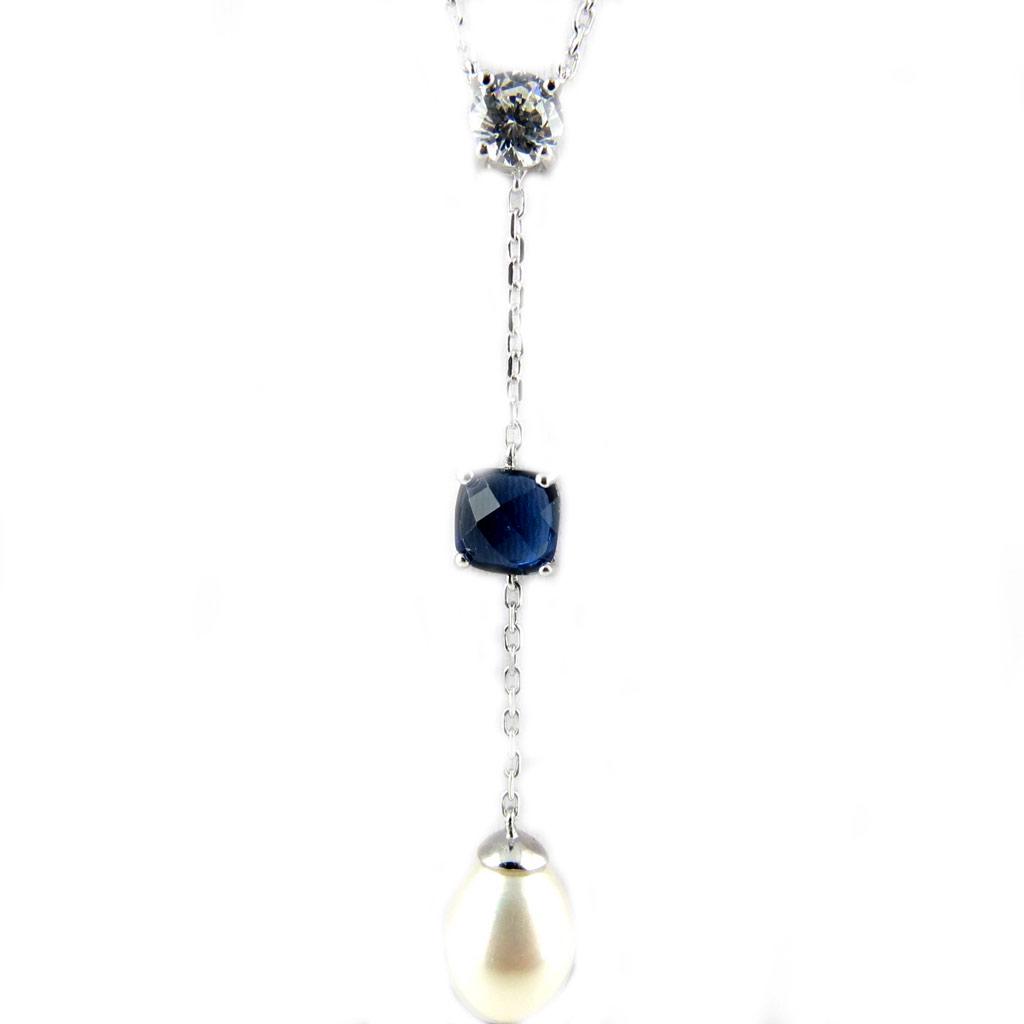 Les Trésors De Lily [L3911] - Silver Necklace 'Sissi' Ivory Sapphire (rhodium-plated) - 55x8 Mm