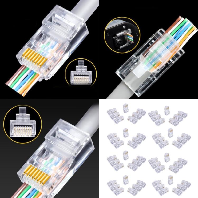 100 шт. Прозрачные разъемы RJ45 Cat6, 8P8C Сквозные для UTP кабеля 24-26AWG Замена сетевого провода