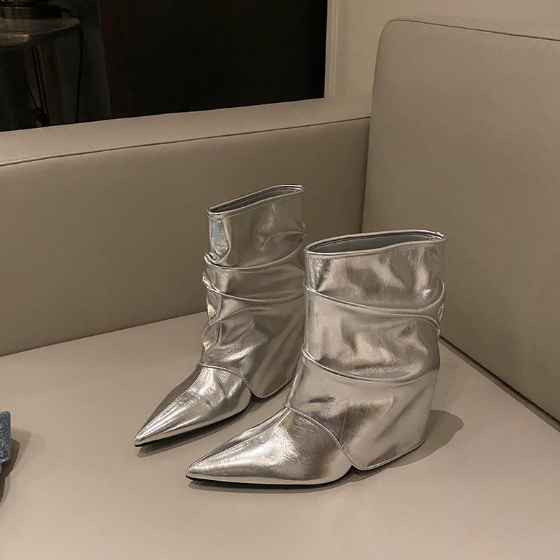 Designer Street Style Women Silvery Ankle Boots Fashion Pointed Toe Short Booties Ladies Elegant Thick Heel Shoes