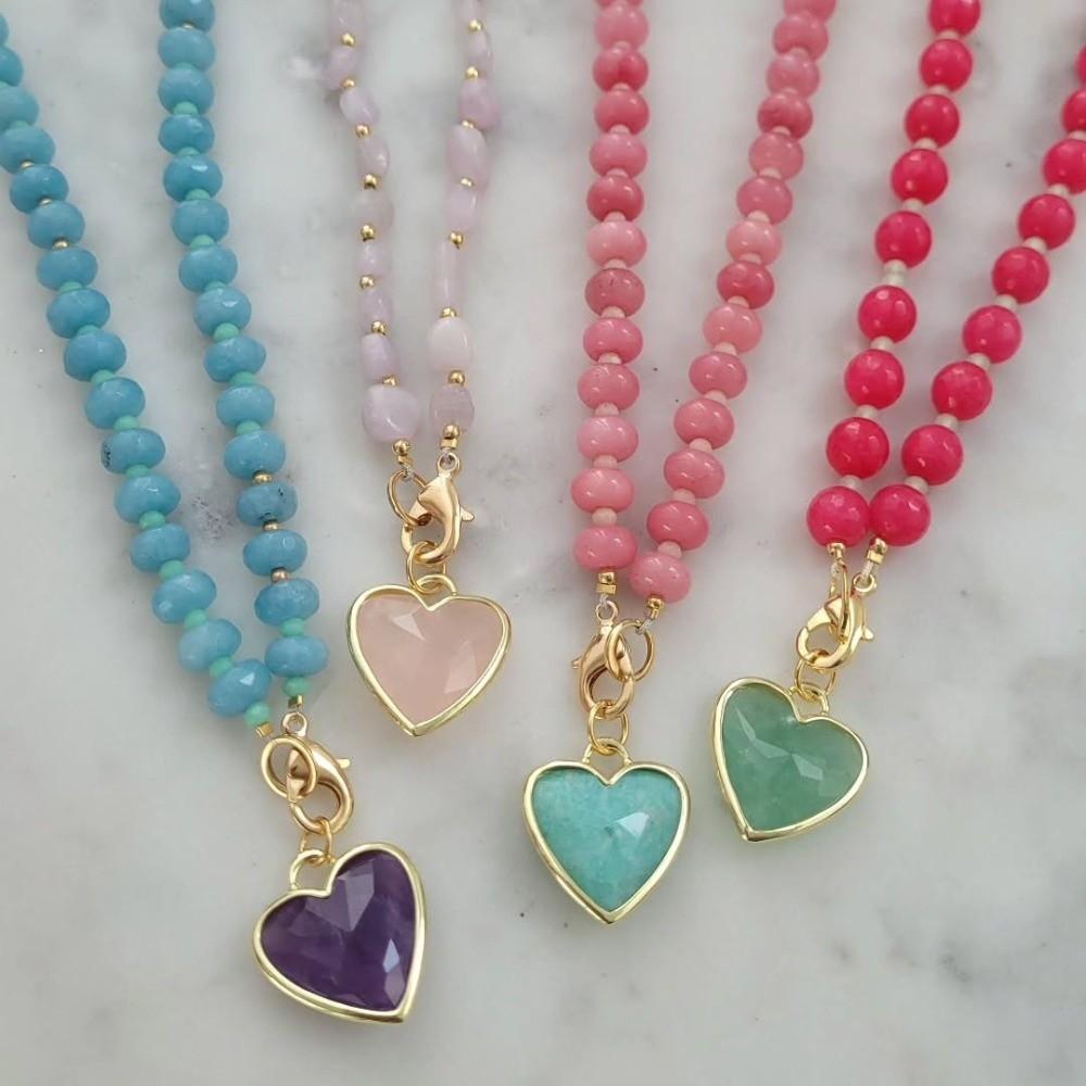 Dopamine Color Heart Pendant Bead Necklace Bohemian Colored Stone Charms Jewelry Statement
