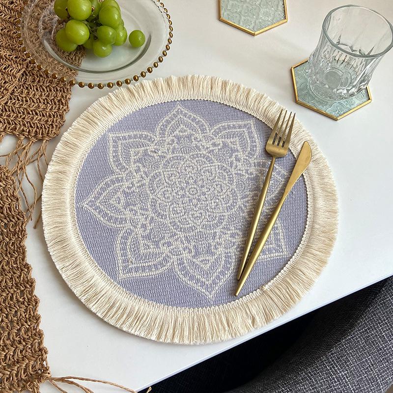 Set of 4 Boho Woven Round Placemat Handmade Table Mats Woven Jute Tassel Mat RetroTable Decor Fringe Coffee Mat Fur Ball Dining Mat Pompom Home Decor