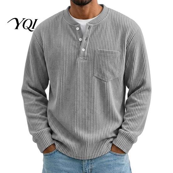 Easy Care Machine Washable Shirt Men Corduroy Pullover Shirt, Long Sleeve Button Collar with Chest Pocket, Mens Loose Fit Ribbed Textured Sweatshirt