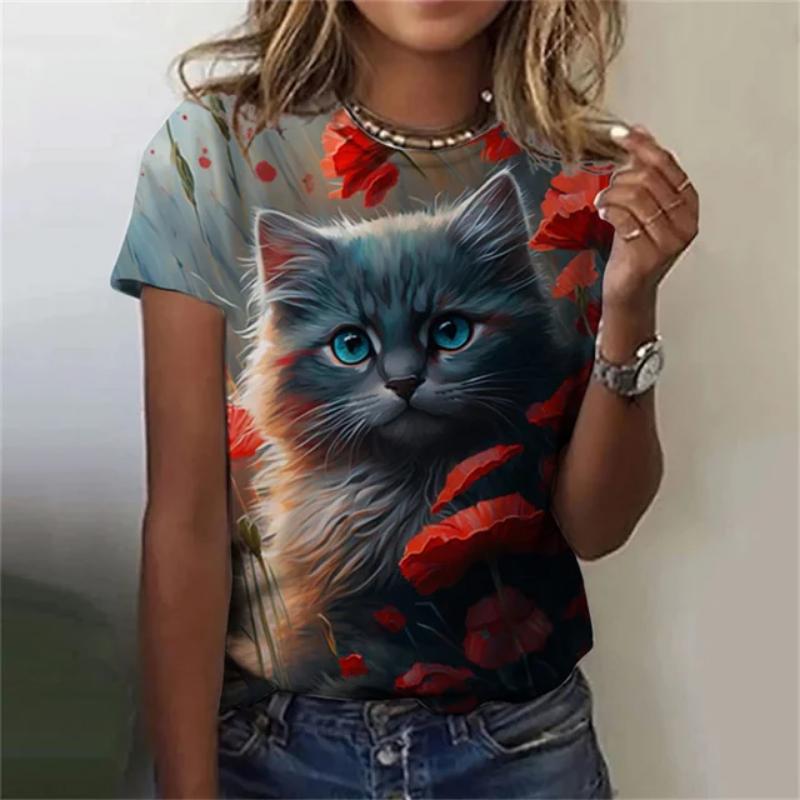Модная женская футболка с 3D принтом Kawaii Cat Pattern, топ с короткими рукавами и круглым вырезом, летняя уличная повседневная уличная простая одежда