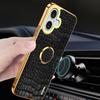 For iPhone 16 Case Crocodile Texture Leather+TPU Electroplating Phone Cover with Ring Kickstand - Black