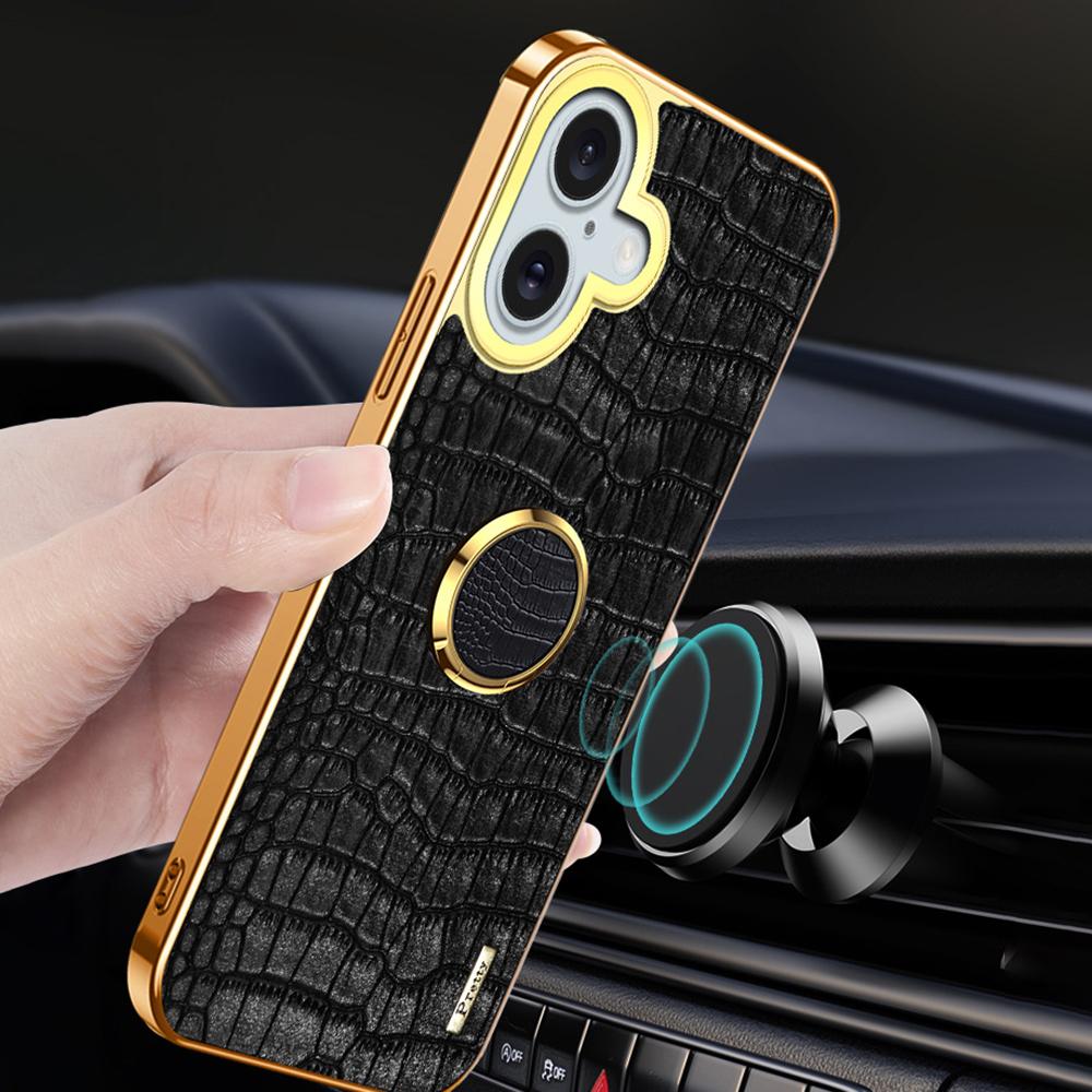 For iPhone 16 Case Crocodile Texture Leather+TPU Electroplating Phone Cover with Ring Kickstand - Black