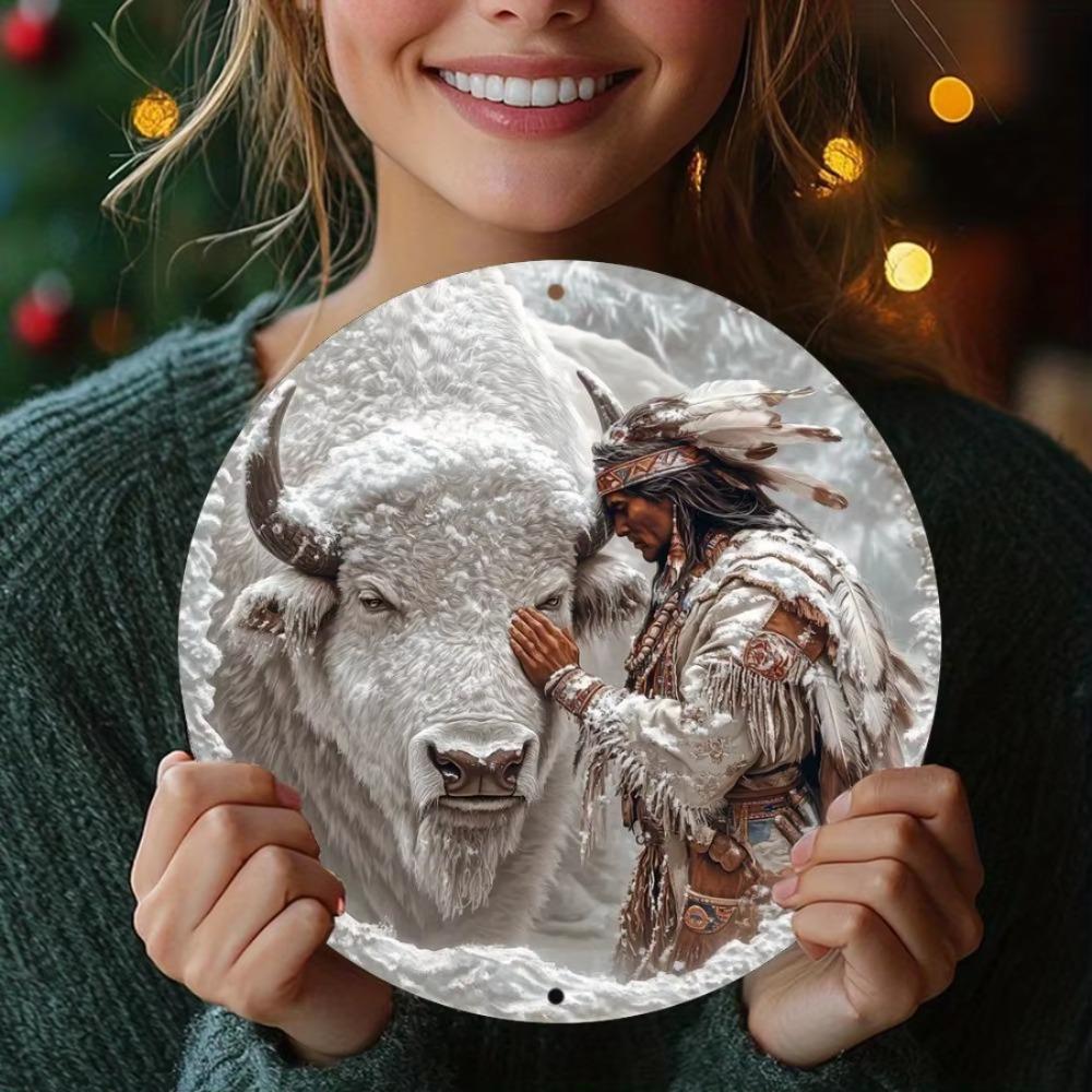 Круглая настенная художественная вывеска из алюминия, винтажная металлическая табличка с изображением буйвола и американских индейцев, универсальная праздничная тема