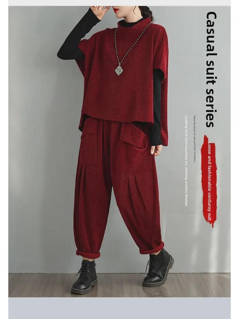2024 Autumn Women's Two-Piece Set: Stand-Up Collar Pullover with Harem Pants In Large Size
