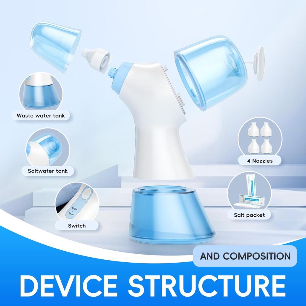 Система для промывания носа, Электрическая машина для промывания пазух с двойным резервуаром для воды для быстрого облегчения дискомфорта в носу, Самоочистка и автоматический сбор отходов
