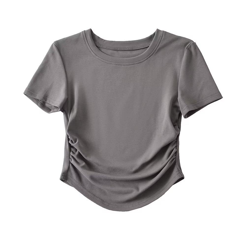 2024 Harajuku Женская хлопковая футболка с круглым вырезом, короткими рукавами и рюшами по бокам, футболки