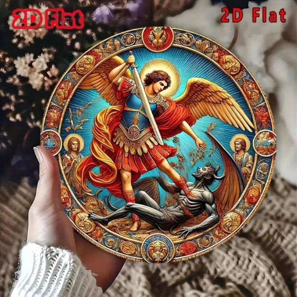 Flat Round Metal Wall Decor 2D Vintage Artwork Archangel Michael Demon Aluminum Sign 8x8 Inch