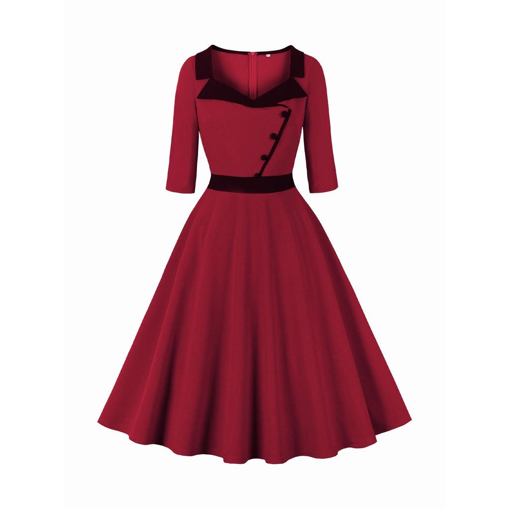 Женское платье миди с рукавом три четверти, однотонное, в стиле ретро, с воротником-стойкой и большой юбкой-клеш