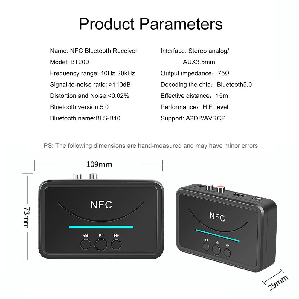 BT200 NFC Bluetooth 5,0 аудиоприемник беспроводной стерео Bluetooth аудио адаптер NFC 3,5 мм AUX RCA музыкальный звук автомобильный динамик новейший