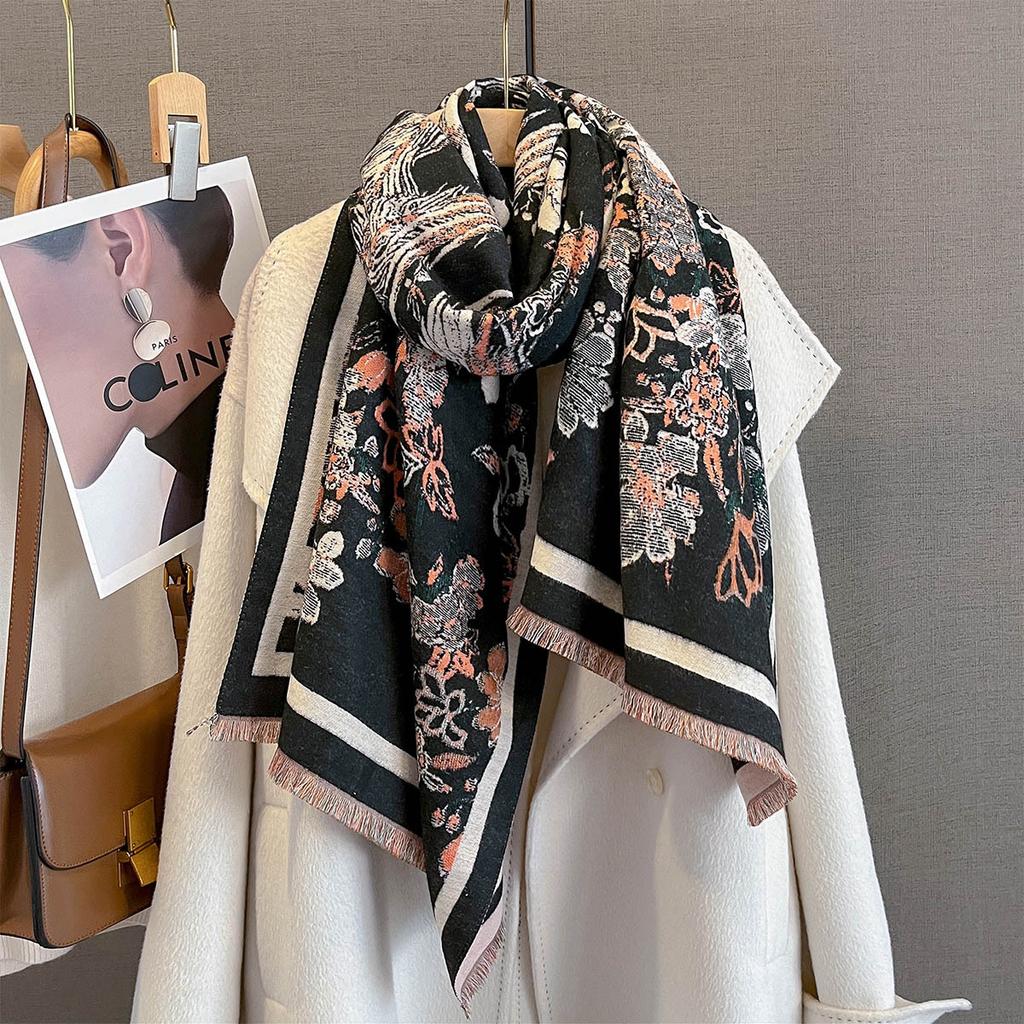 Autumn And Winter Phoenix Flower Jacquard Scarf Women'S Versatile Thickened Warm Scarf Shawl Dual-Purpose