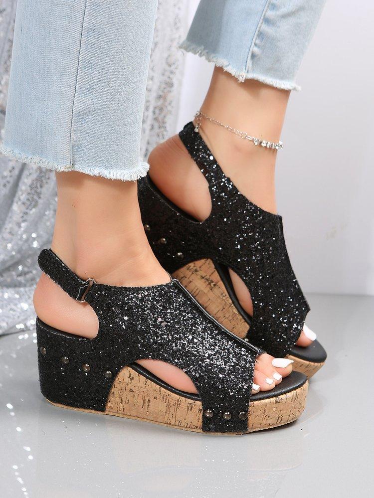 Римские сандалии женские с блестками плоский наклонный каблук толстая подошва сандалии женские