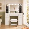 Makeup table with mirror and LED lighting, organizer, USB-C charging and hair dryer holder, 3 drawers, 2 cabinets, W 115 x H 141 x D 40 cm, White
