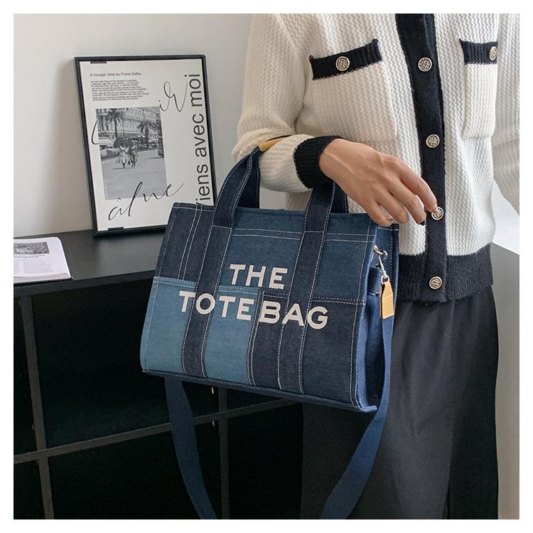 Retro Embroidered Letter Denim Tote with Contrast Stitching