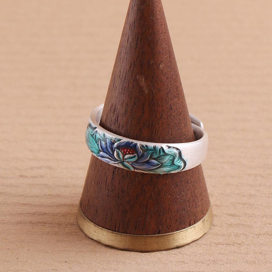 S999 Pure Silver Lotus Ring: Gold & Blue Enamel, Retro Chinese Style, Unisex Couple's Ring