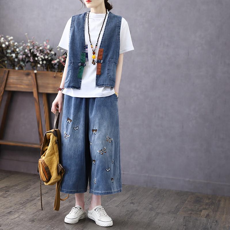 Литературный ретро-джинсовый жилет с контрастными цветными нашивками и пряжкой-диском, женская летняя тонкая свободная универсальная блузка без рукавов, жилет, жилет