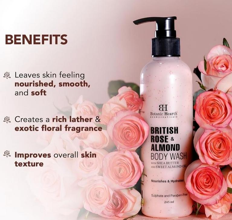 Botanic Hearth British Rose & Almond Body Wash with Shea Butter Smoother Skin, Sulfate & Paraben Free, for Women & Men 245ml
