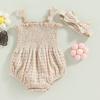 Baby Girls Romper Set, Sleeveless Pleated Hollowed Solid Romper with Bowknot Hairband