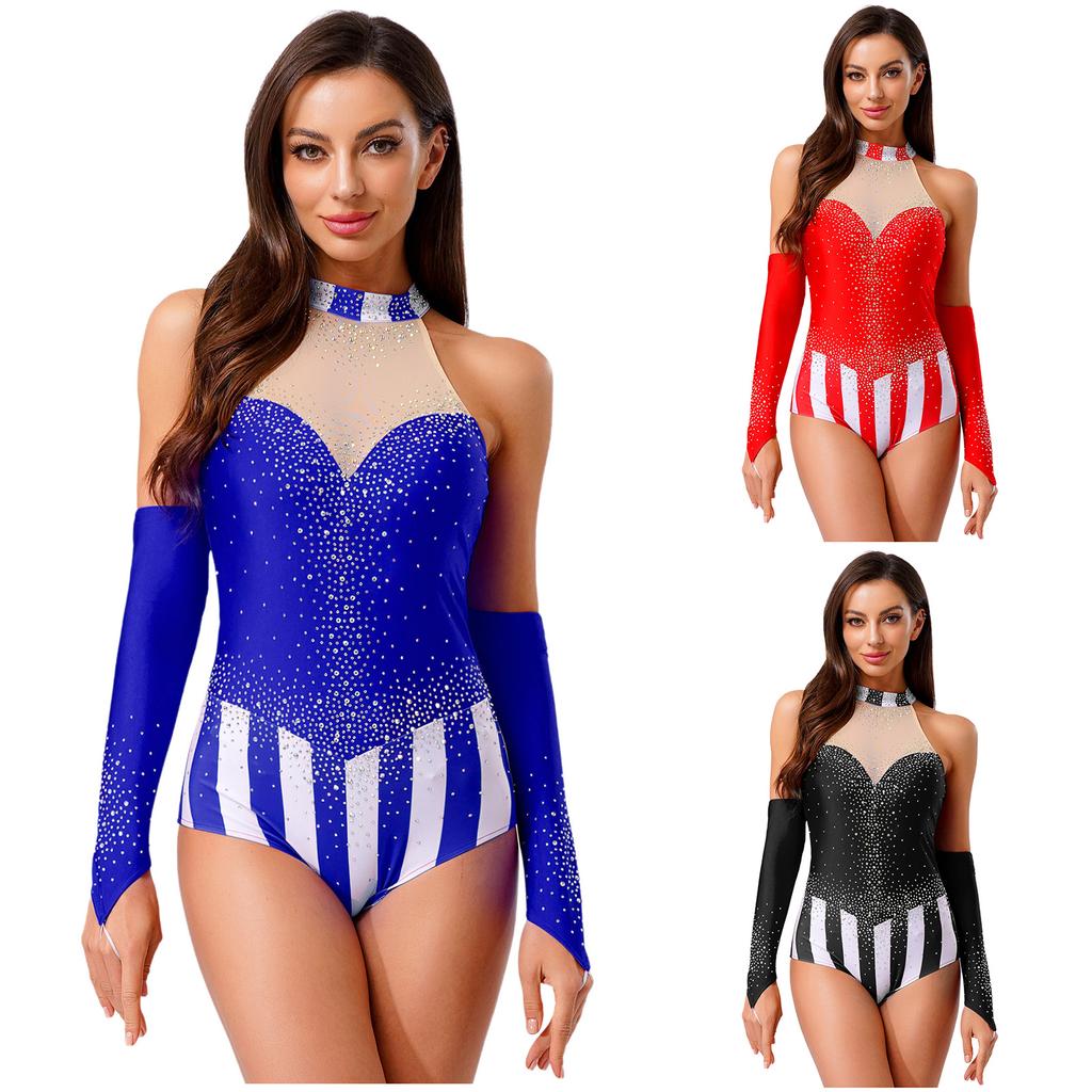 Womens Circus Ringmaster Bodysuit Glittery Rhinestone Color Block Sleeveless Leotard Fingerless Gloves Gymnastic Dancewear