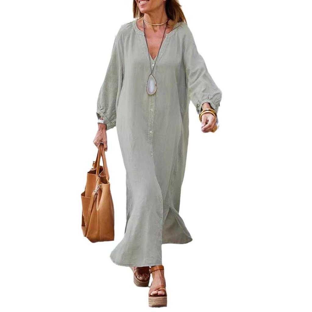 2025 Summer Women's V-neck Cotton Linen Dress: Casual European & American Vacation Style