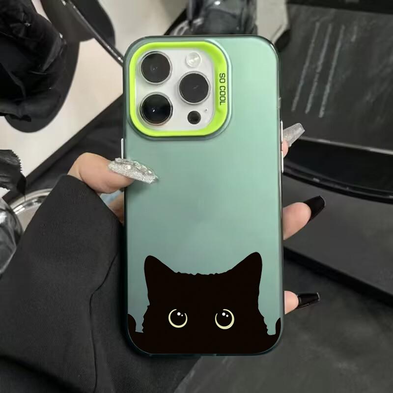 Cute Black Cat Pattern Electroplate Silver Phone Case For iPhone 16 Pro Max 15 Pro 14 13 12 11 7 8 Plus X XS XR Shockproof Cover