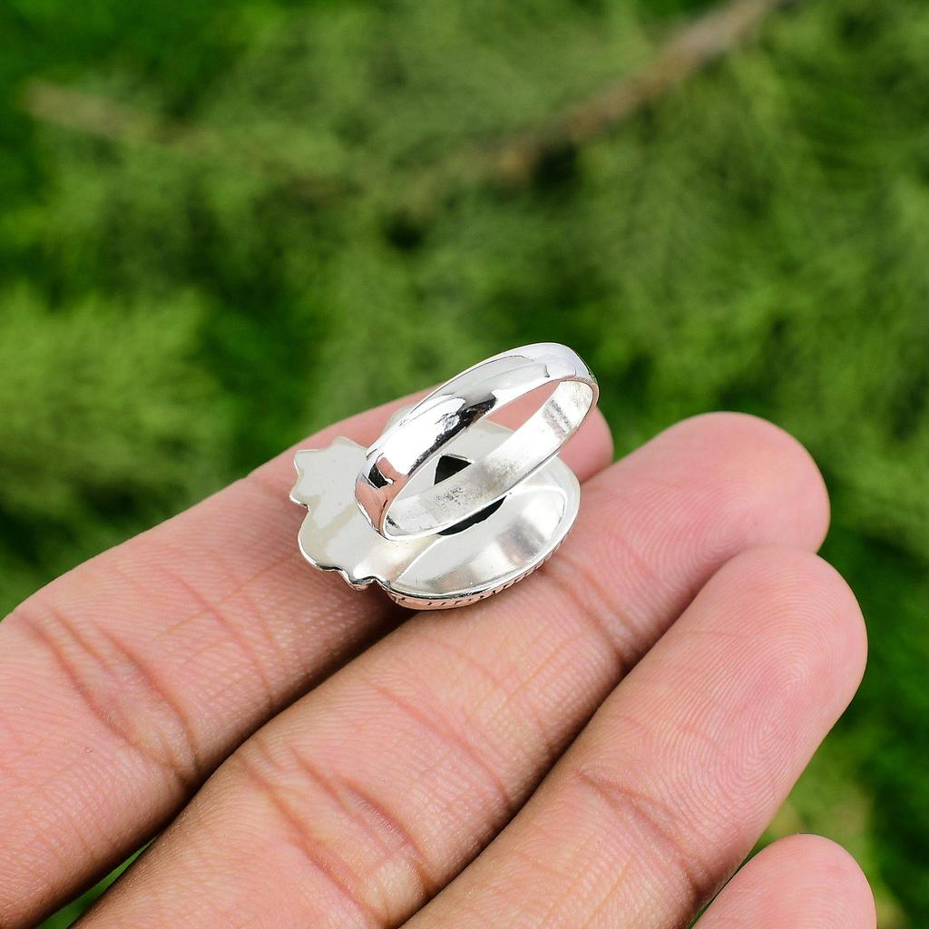 925 Silver Silver Leaf Jasper Gemstone Anniversary Stackable Flower Ring Jewelry