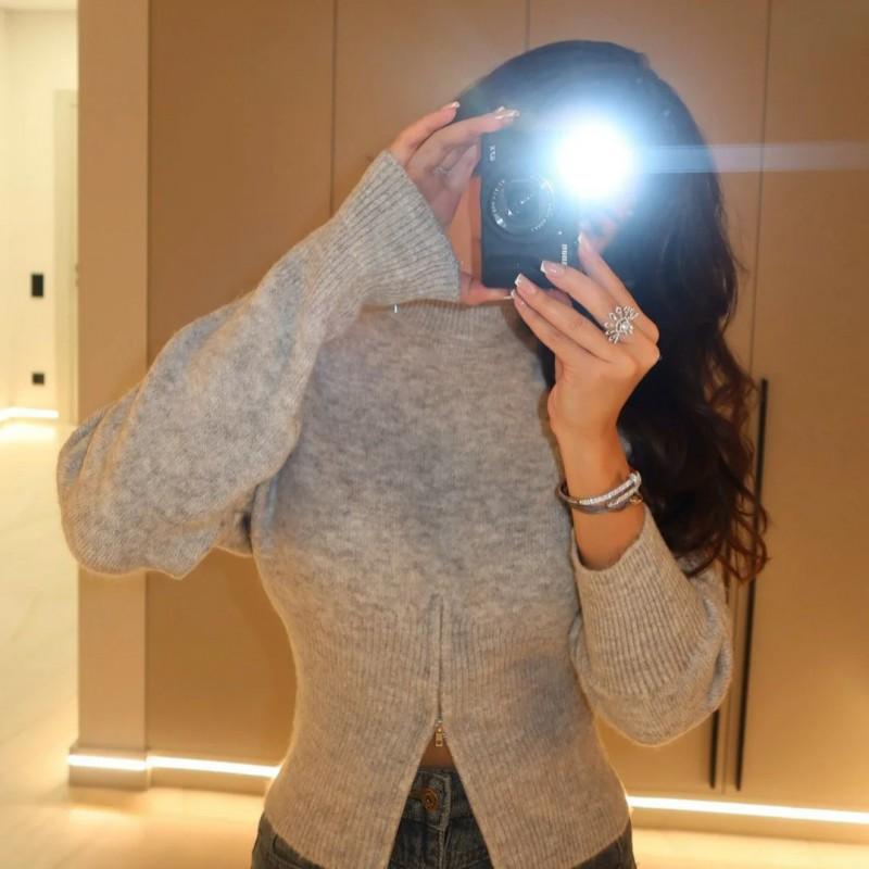 25 Solid Color Winter Split Hem Half Zip Sweater Women Gray Knit Top