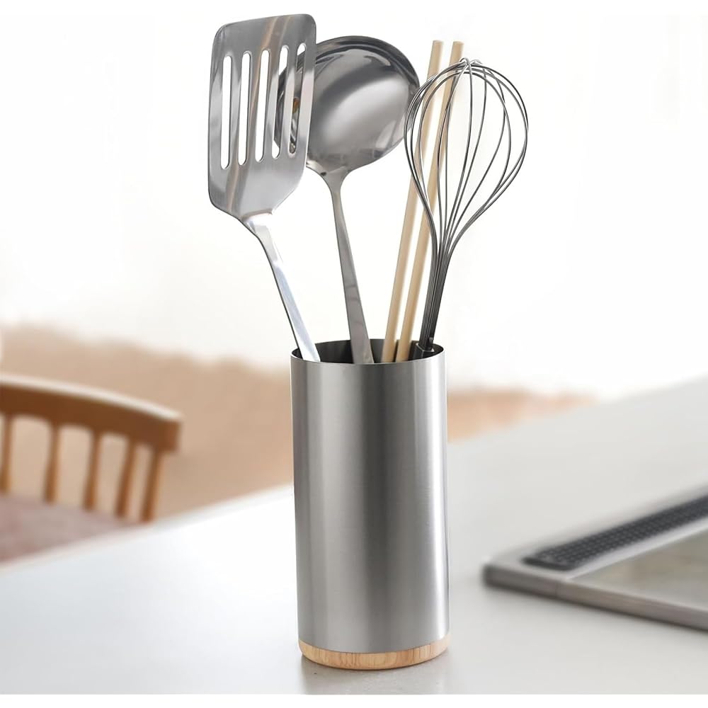 Ernest Stainless Steel Kitchen Tool Stand - Sound-dampening, removable wooden base, easy to clean,